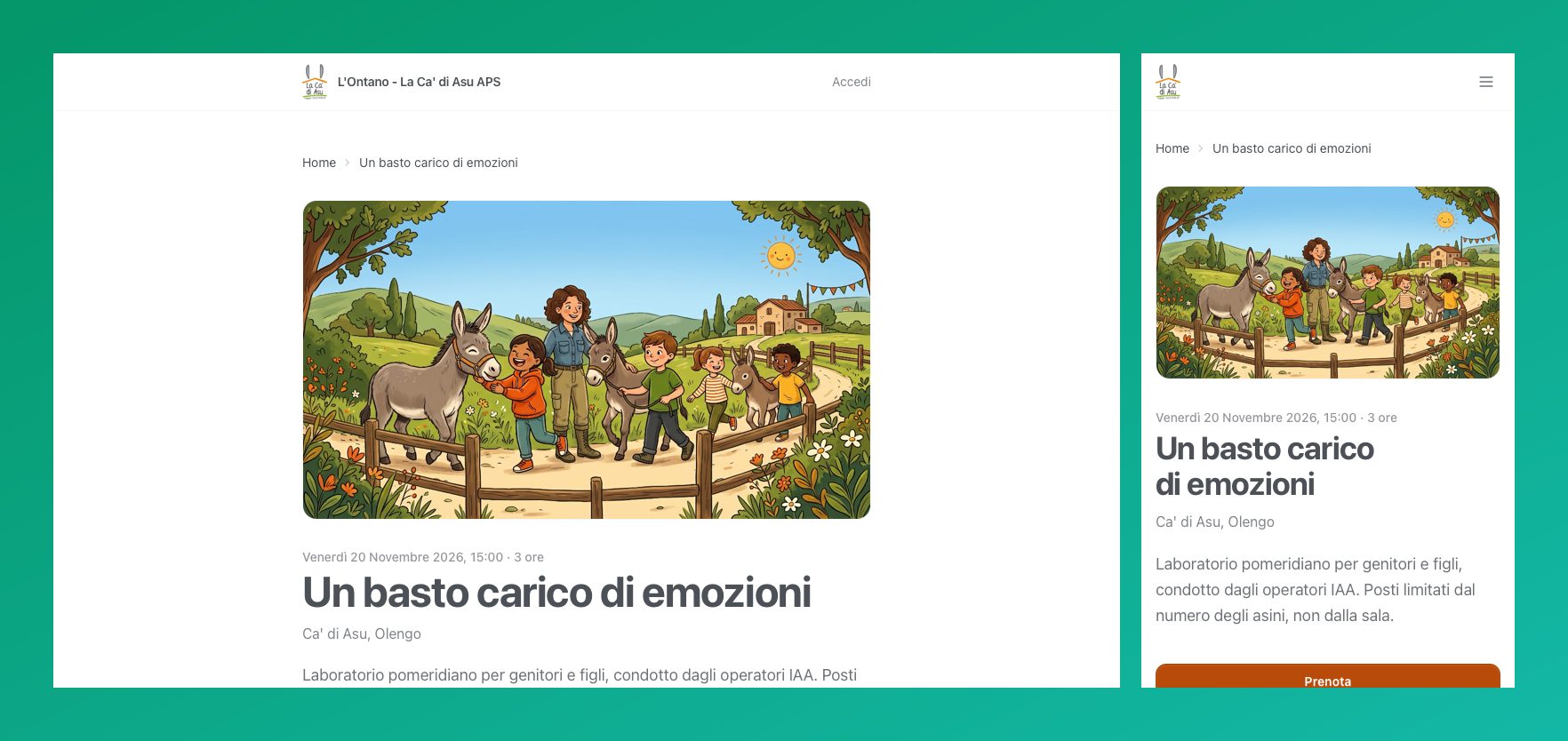 Pagina evento a confronto tra versione desktop e mobile, con immagine, data, luogo, descrizione e pulsante di prenotazione