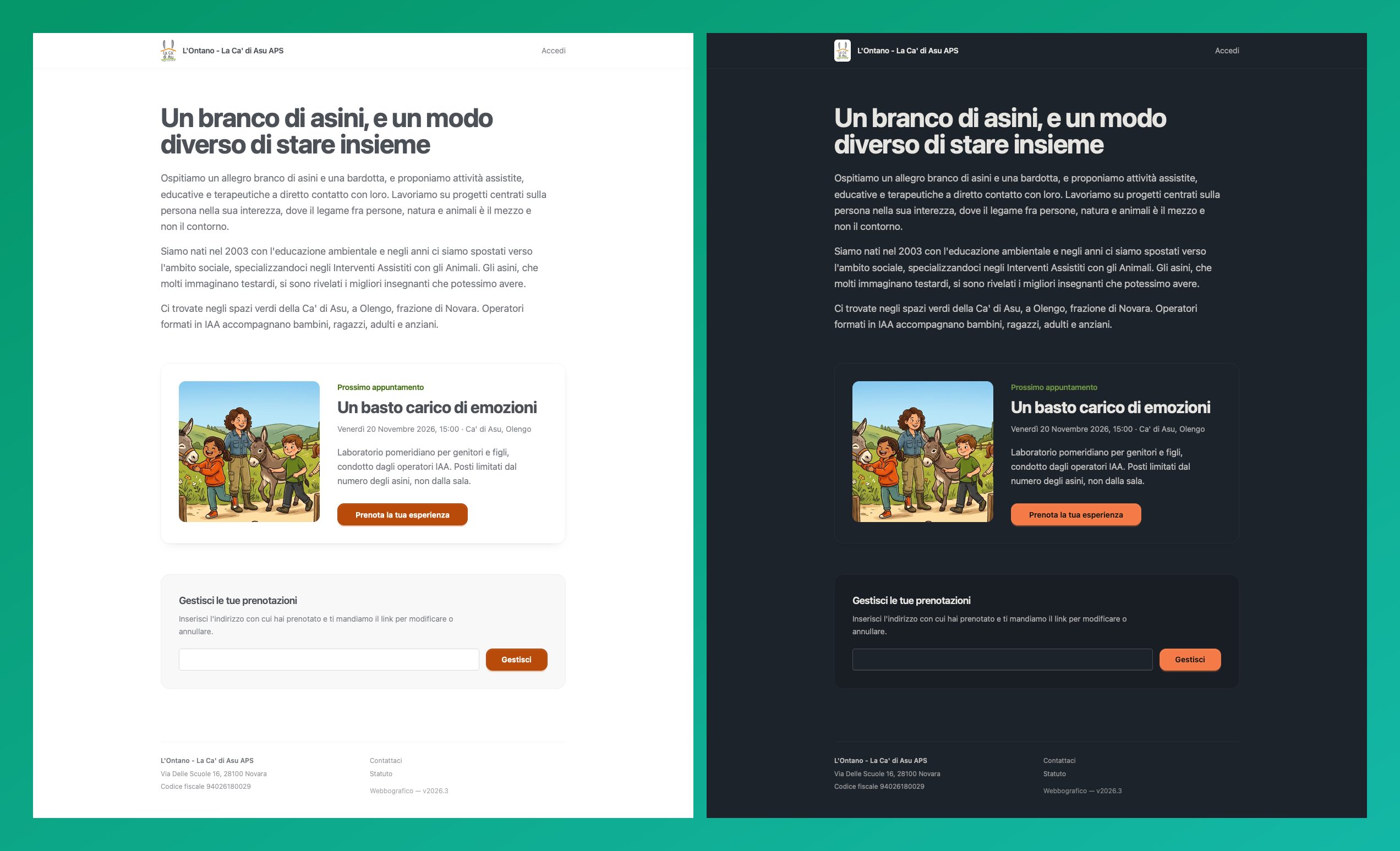 Home page a confronto tra tema chiaro e tema scuro, applicato automaticamente in base alle preferenze di sistema