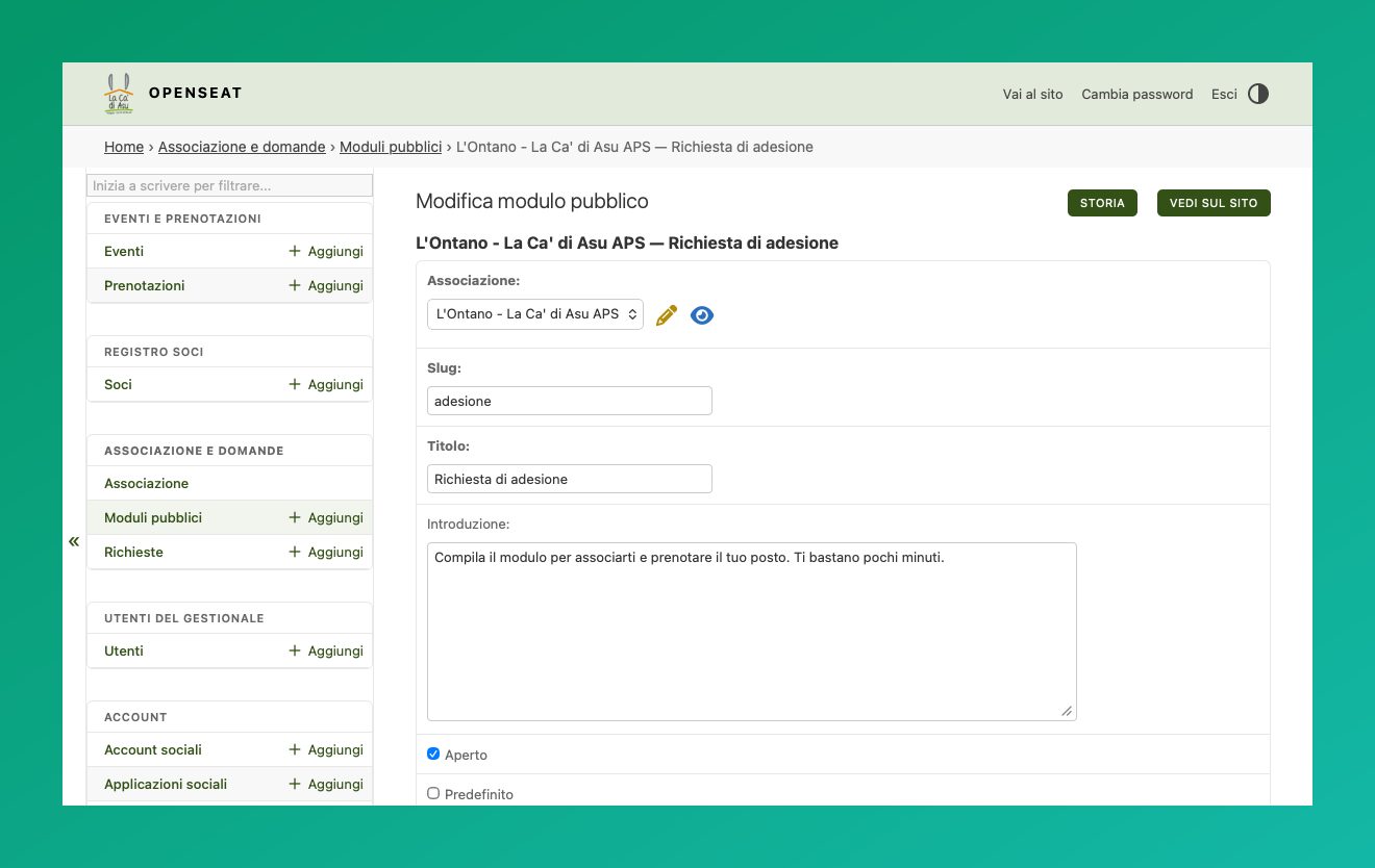 Editor del modulo pubblico di iscrizione soci nel pannello di amministrazione