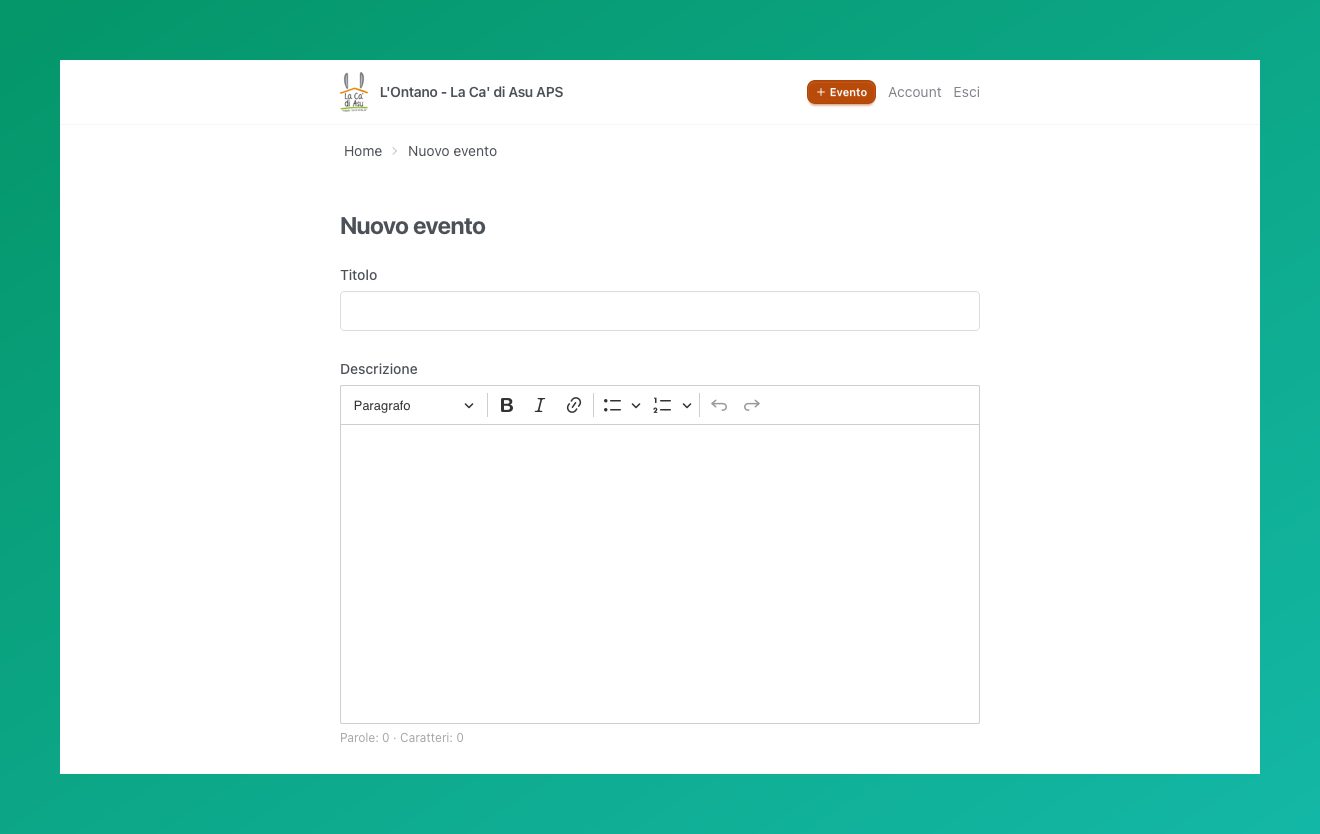 Form di creazione di un nuovo evento nel pannello di amministrazione, con editor rich-text per la descrizione
