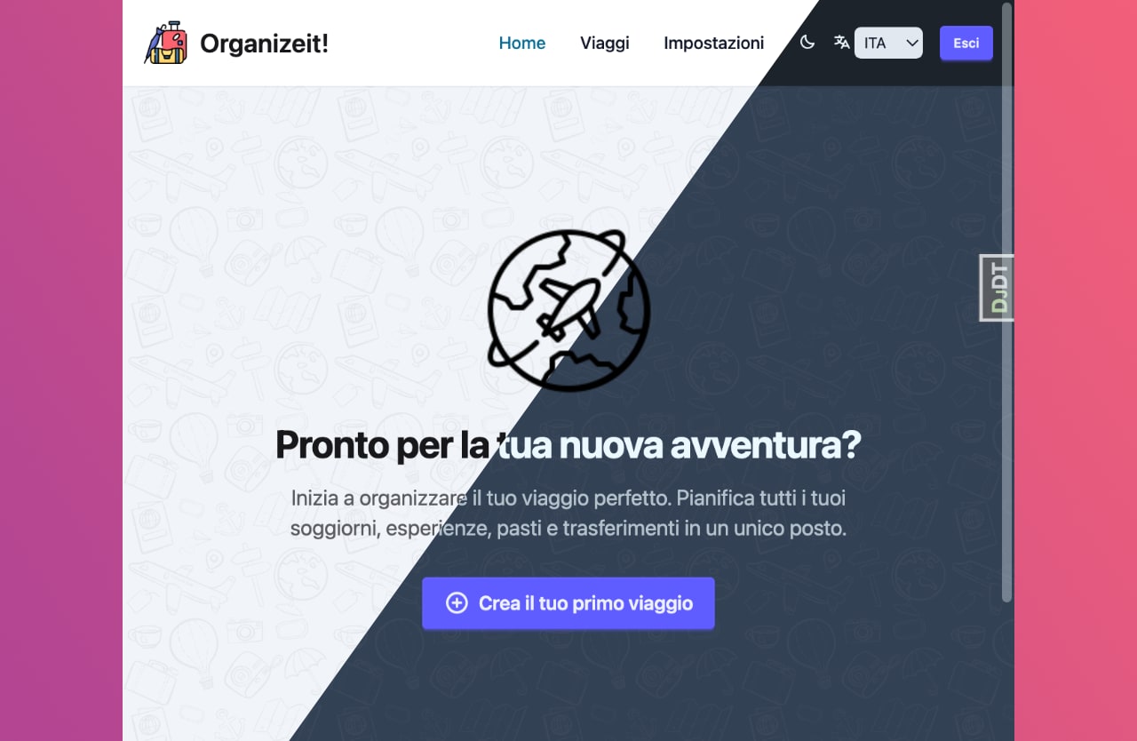 Homepage di Organizeit in tema scuro con layout a due colori e call-to-action Crea il tuo primo viaggio