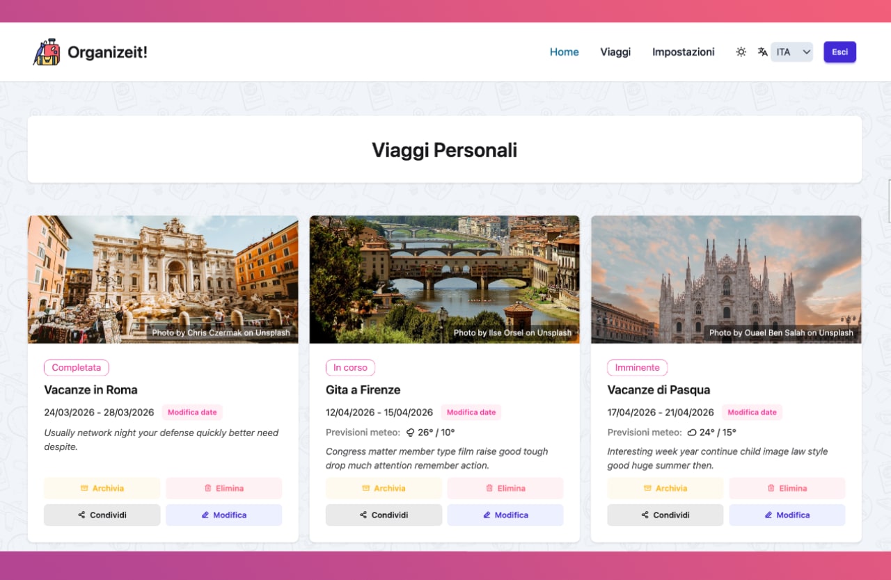 Lista dei viaggi personali con tre card (Vacanze in Roma completata, Gita a Firenze in corso, Vacanze di Pasqua imminente), previsioni meteo e azioni rapide