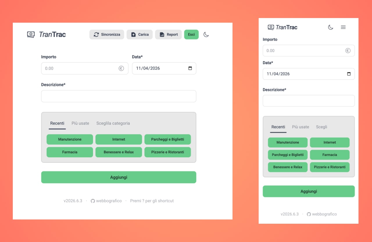 Interfaccia di inserimento transazione a confronto tra versione desktop e mobile, con form importo/data/descrizione e selezione categorie