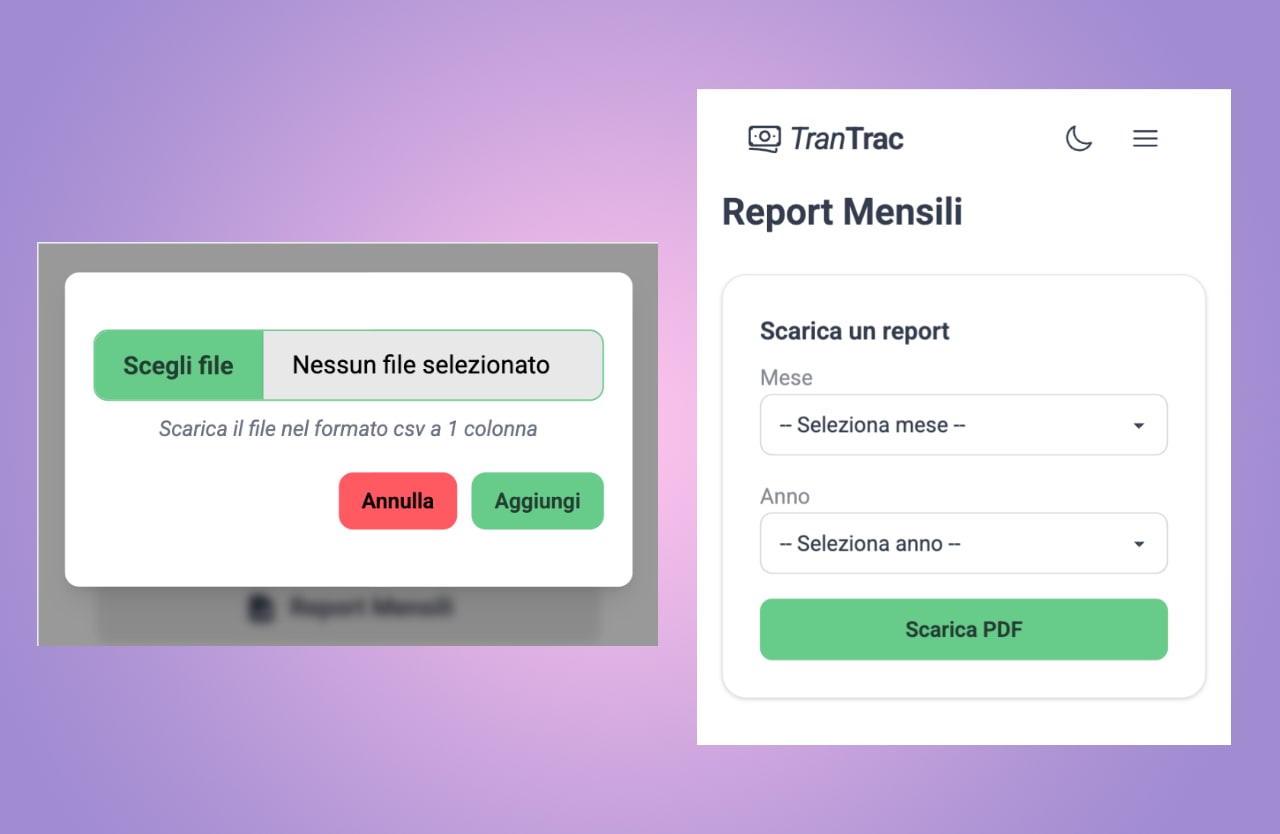 Dialog di caricamento file CSV da banca e pagina report mensili su mobile con selezione mese/anno e download PDF