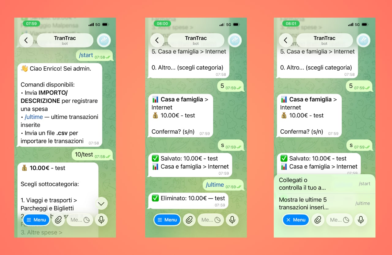 Tre schermate del bot Telegram: benvenuto con comandi disponibili, flusso di inserimento spesa con selezione categoria, conferma salvataggio ed eliminazione transazione