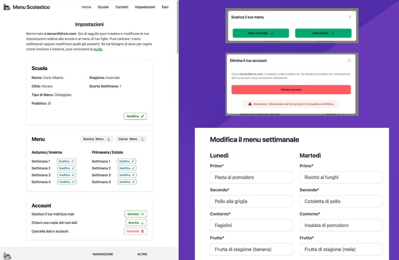 Varie sezioni della pagina impostazioni